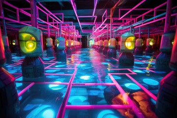Naklejka premium Laser Maze: Water-filled maze with laser beams and colorful lights.