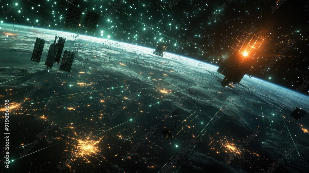 Poster earth from space with satellites and data streams