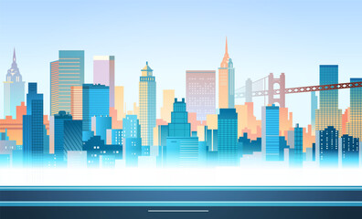 City skyline urban landscape with skyscrapers colorful buildings modern architecture gradient background bridge