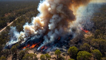 Aerial view of a devastating bushfire in a dense forest.