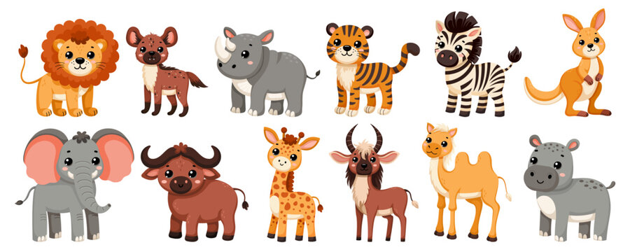 Fototapeta Set of cute African wild animals in scandinavian style isolated on white background. Vector cartoon illustration for the design of textiles, posters, clothes.