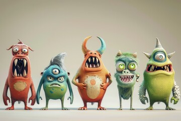 A group of colorful cartoon monsters posing together