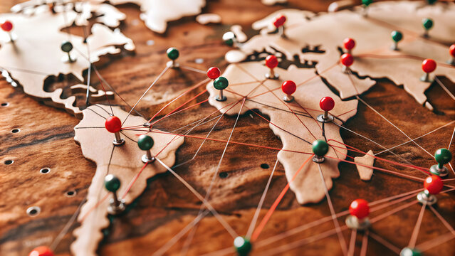 A world map with pins and strings connecting different locations, representing a global team. The strings and pins illustrate the concept of global collaboration and the connection of diverse ideas.