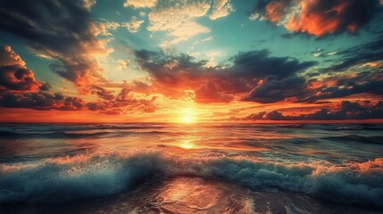 Fototapeta premium Breathtaking Sunset Over the Ocean with Dramatic Clouds 