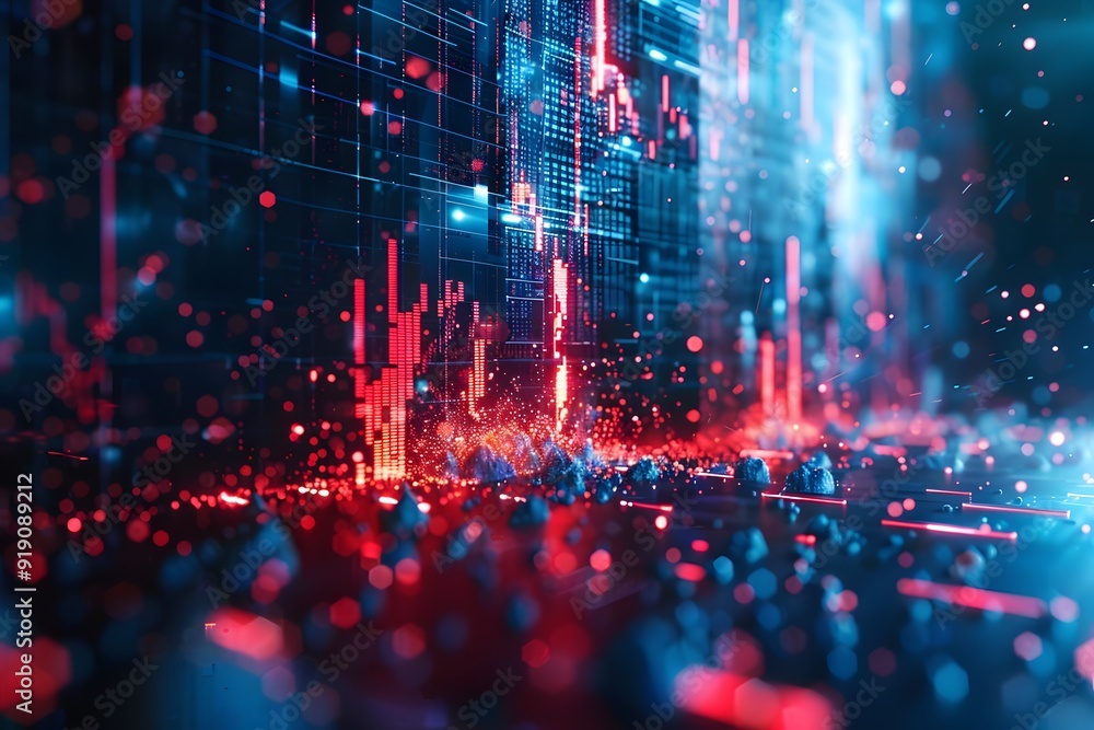 Poster futuristic data visualization with vibrant red and blue elements