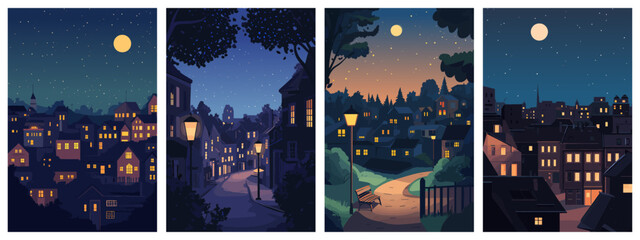 Night in the town landscape posters set. Quiet village night starry sky moon small houses dark trees silhouettes. Light in the windows and from the street lamps. Romantic atmosphere. Cartoon style