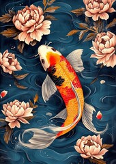 painting koi fish with flowers leaves