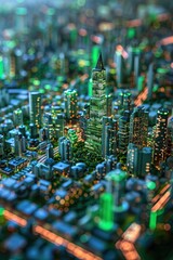 Obraz premium Aerial View of Futuristic Cityscape with Illuminated Skyscrapers and Green Lights at Night