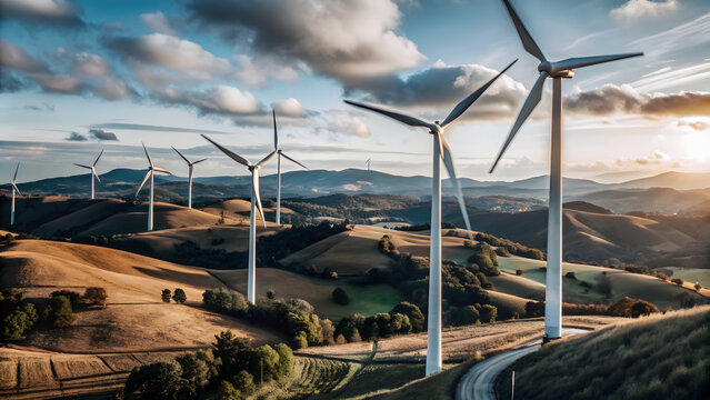 A wind turbine farm set against a backdrop of rolling hills and clear skies. The scene captures the harmony between technology and nature, emphasizing the role of wind energy in sustainable living.