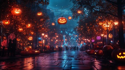 A vibrant Halloween celebration with people in diverse costumes, surrounded by festive decorations, glowing pumpkins, and autumn-themed elements