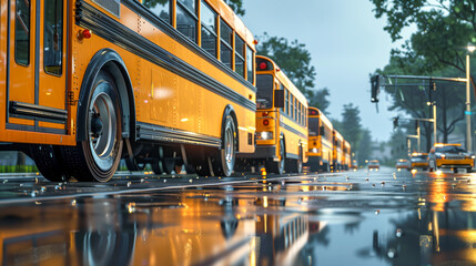 A row of yellow school buses parked on a rainy day, with reflections on the wet pavement and a foggy, serene atmosphere.