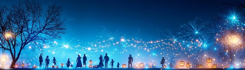 A vibrant Halloween festival scene with a variety of people in elaborate costumes, colorful decorations, and festive lights illuminating the night sky