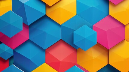 Obraz premium Bright hexagonal shapes in blue, yellow, pink, and red form a striking abstract design