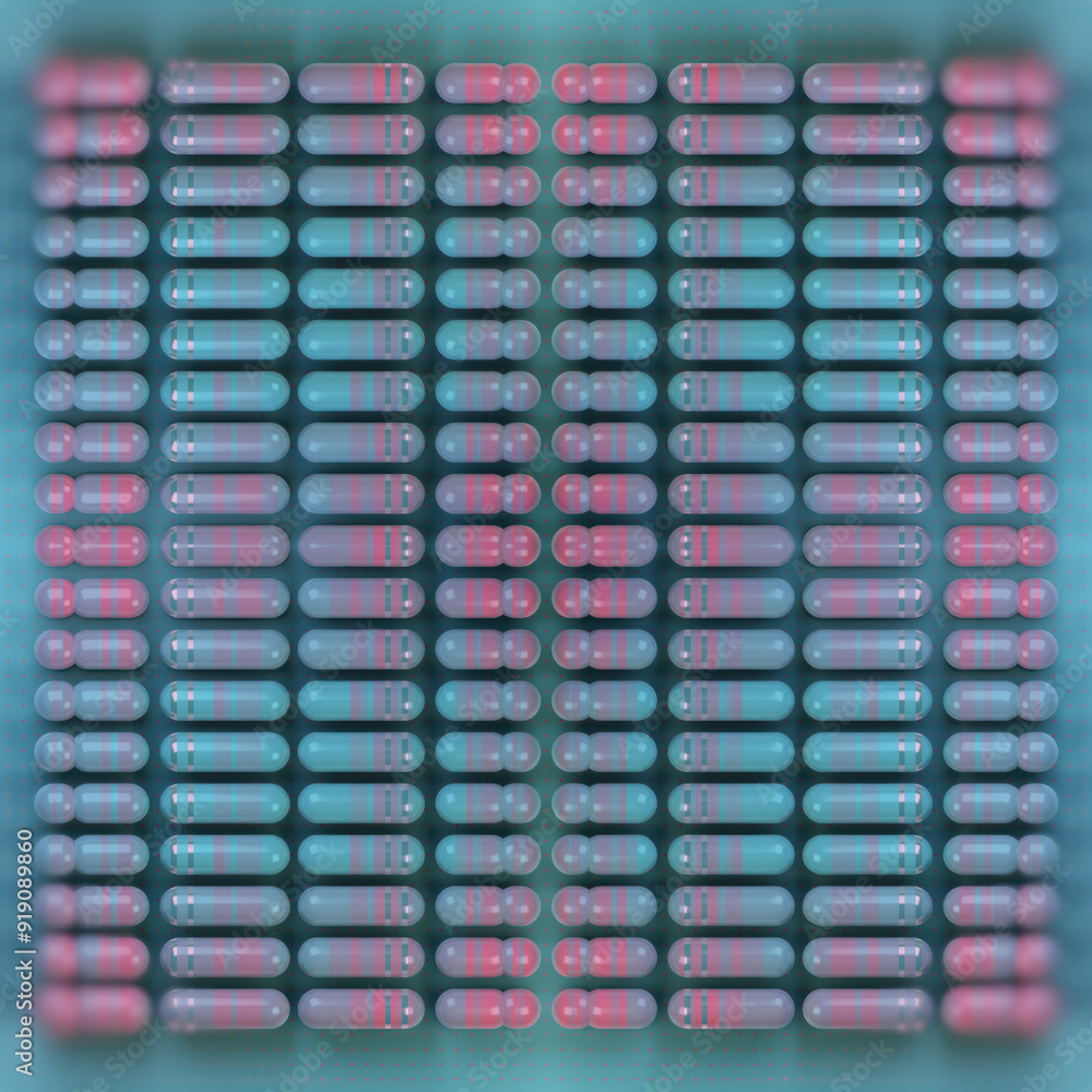 Fototapete Abstract pattern composed of multicolored cylindrical figures with a pink-blue gradient. 3d rendering illustration