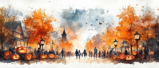 Obraz premium An autumn-themed Halloween parade with participants in colorful and spooky costumes, marching through a street lined with festive decorations
