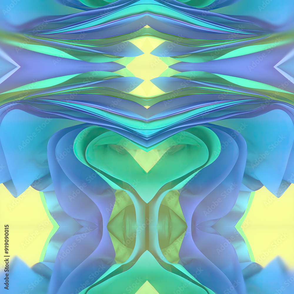 Poster Symmetrical wave pattern of flying colored fabric stripes. 3d rendering digital illustration