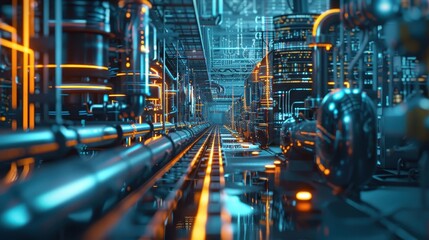 Futuristic Industrial Factory with Advanced Technology and Neon Lights in a High-Tech Manufacturing Environment
