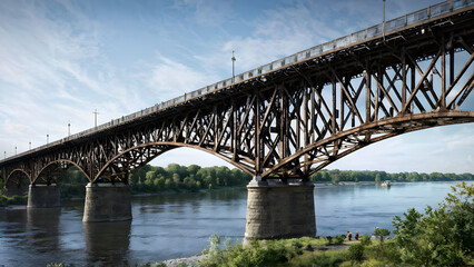 Fototapeta premium A grand rail bridge with stone piers and iron girders over a large river
