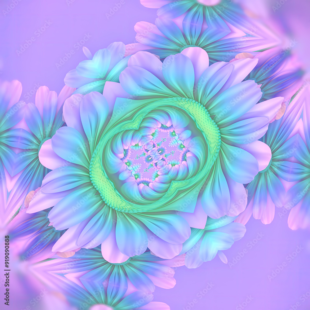 Poster A bright and colorful abstract flower pattern with a symmetrical design. 3d rendering digital illustration