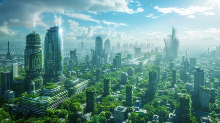 Obraz premium Futuristic Green Cityscape with Skyscrapers and Lush Vegetation Under a Clear Sky