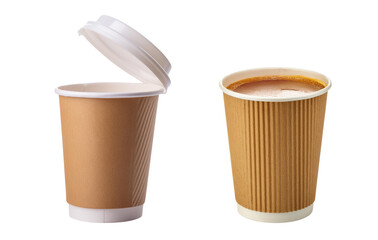 Two brown paper coffee cups, one with a lid open, ideal for coffee shops and to-go beverages.