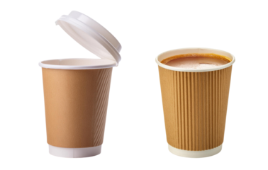 Two brown paper coffee cups, one with a lid open, ideal for coffee shops and to-go beverages.