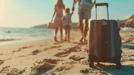 Vacation concept with luggage on shore and family walking