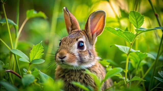 Adorable cotton tail rabbit peeking out from lush green vegetation, its soft fur blending seamlessly with the natural surroundings in a serene wildlife scene.