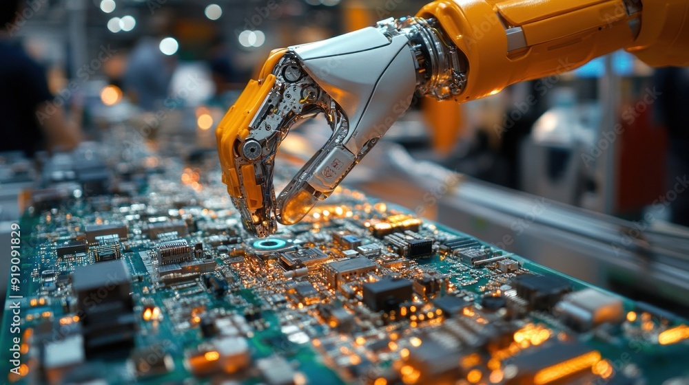 Poster robot arm working on circuit board
