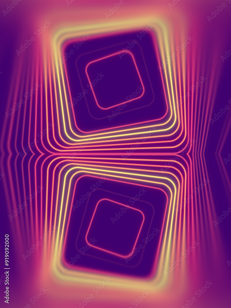 Poster Waves of LED light on symmetrically arranged square shapes. 3d rendering digital illustration