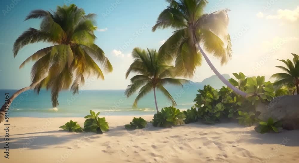 Poster beautiful view on the beach with palm trees and flowing sea water seamless looping time lapse virtua