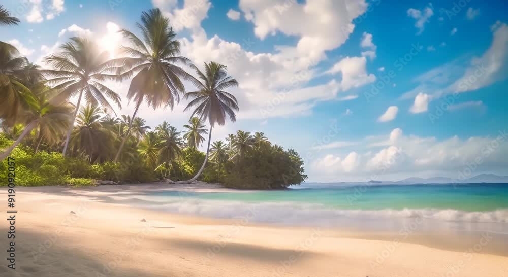 Poster beautiful view on the beach with palm trees and flowing sea water seamless looping time lapse virtua