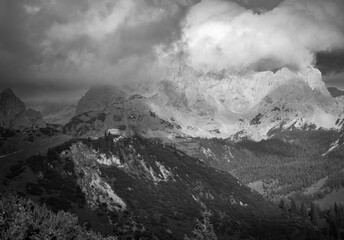 Mountain scenery in the Alps with Dachstein summit reflecting in Lake Gosausee, Salzkammergut, Austria in the Winter 