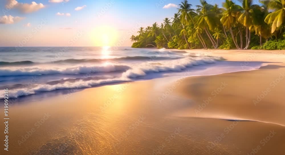 Poster beautiful view on the beach with palm trees and flowing sea water seamless looping time lapse virtua