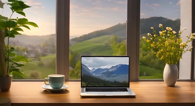 Cup of hot tea and a laptop by the window with a cozy spring view Seamless looping time lapse virtual video animation background 4k animation