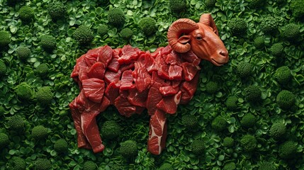 A lamb, deceptively formed of raw meat, serves as a graphic commentary against animal slaughter for food and resonates with the vegetarian ethos.