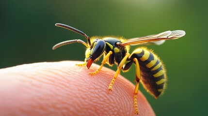 Naklejka premium A close-up of a wasp on a finger. This photo shows the intricate details of the wasp and can be used for educational purposes or to illustrate the beauty of nature.