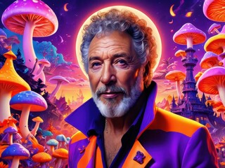 Fototapeta premium Cartoon-style illustration of an old man with a fun, smiling face, painted as graffiti on a wall