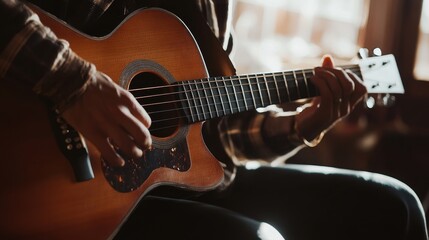 Fototapeta premium A person playing an acoustic guitar, showcasing musical talent and creativity in a cozy setting.