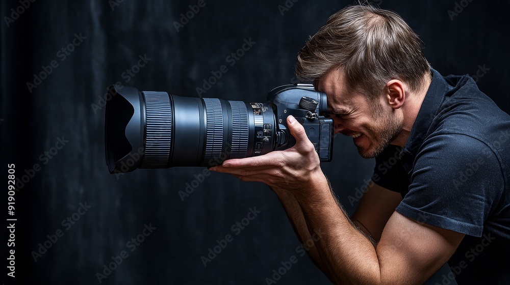 Poster a photographer captures an image using a professional camera with a large lens, focused on the shot.