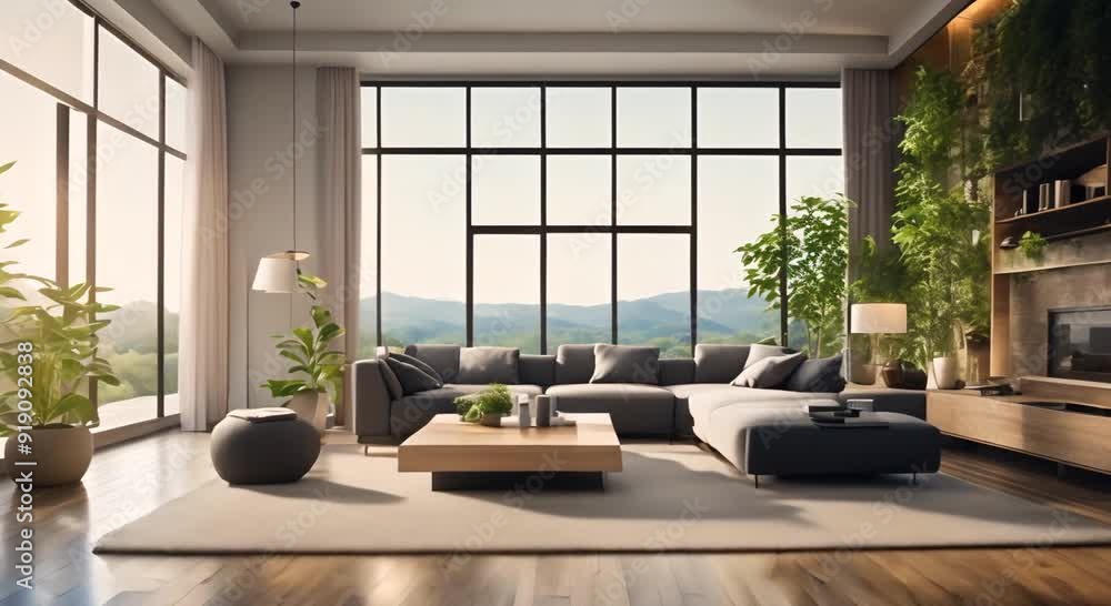 Sticker Modern living room with windows and nature views Seamless looping time lapse virtual video animation background 4k animation