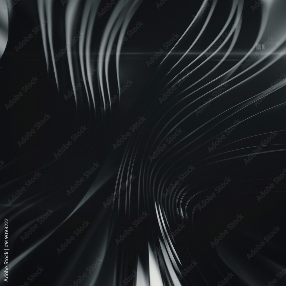 Poster Black and white illustration with stack of wavy metallic shiny fabric sheets. 3d rendering