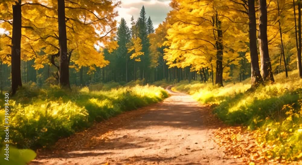 Poster natural scenery in the fall with a path in the middle of the forest seamless looping time lapse virt