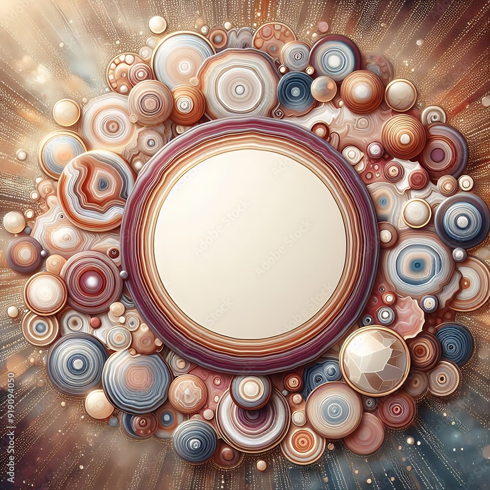 Poster A colorful abstract design with a white circle in the center. The design is made up of various shapes and sizes of spheres, creating a sense of depth and movement. Scene is vibrant and energetic
