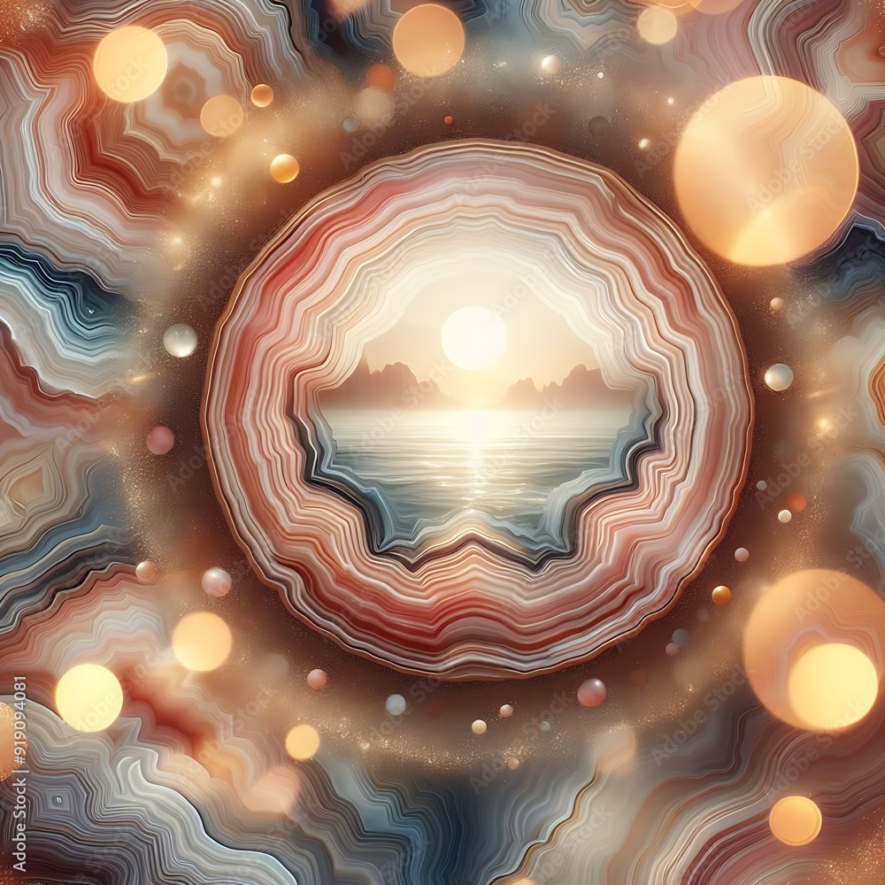 Poster a colorful abstract painting of a sun setting over a body of water. the painting is made up of many 