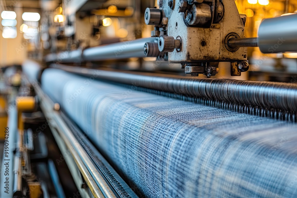Poster close-up of a textile factory machine. the photo shows the process of creating fabric, demonstrating