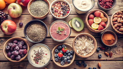 A vibrant overhead shot of various smoothie ingredients, including fresh fruits, vegetables, seeds, and nuts, arranged neatly on a wooden table. The ingredients could be placed in small bowls.