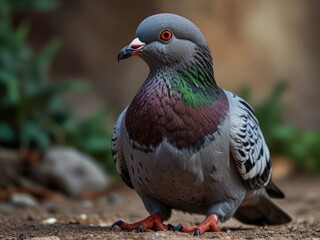 Fototapeta premium Close-Up of a Colorful Pigeon with Vibrant Plumage in Urban Setting
