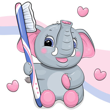 A cute cartoon elephant with a big toothbrush. Vector illustration of an animal on a white background with stars.