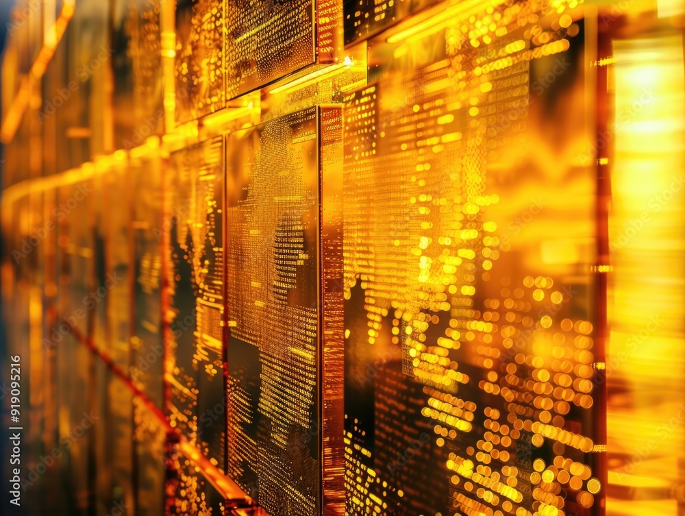 Poster gold and black computer wall with circuit-like patterns, suggesting high-tech advancements.